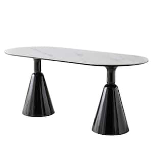 Modern Oval White Composite Rock Stone Top for Kitchen 70.87 in. Black Fiberglass Double Pedestal Dining Table (8 Seats)