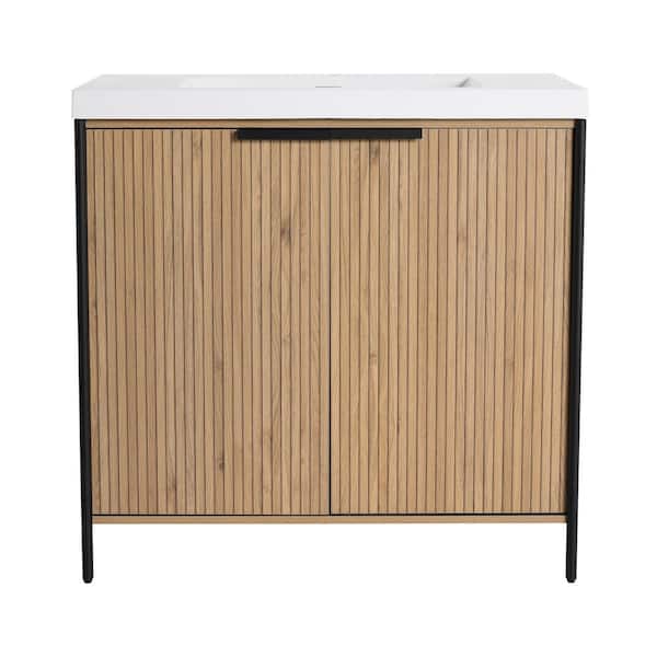 35.4 in. Single Sink Freestanding Light Coffee Bath Vanity with White Resin Top and 3-Door Storage Cabinet Unassembled