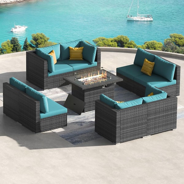 FINCATI 9 Piece Charcoal Wicker Patio Fire Pit Conversation Extra Large Sectional Deep Seating Sofa Set with Teal Cushions