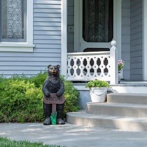 36 in. Tall Outdoor Standing Black Bear with Welcome Sign Yard Statue Decoration