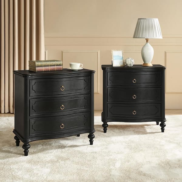 Egmund Set of 2 Traditional 3-Drawer Nightstand with Solid Wood Legs and Built-In Outlets-Black