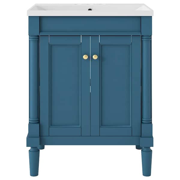 Zeus & Ruta 24 in. W x 18 in. D x 34 in. H Freestanding Bath Vanity in Blue with White Resin Top with Adjustable Shelves
