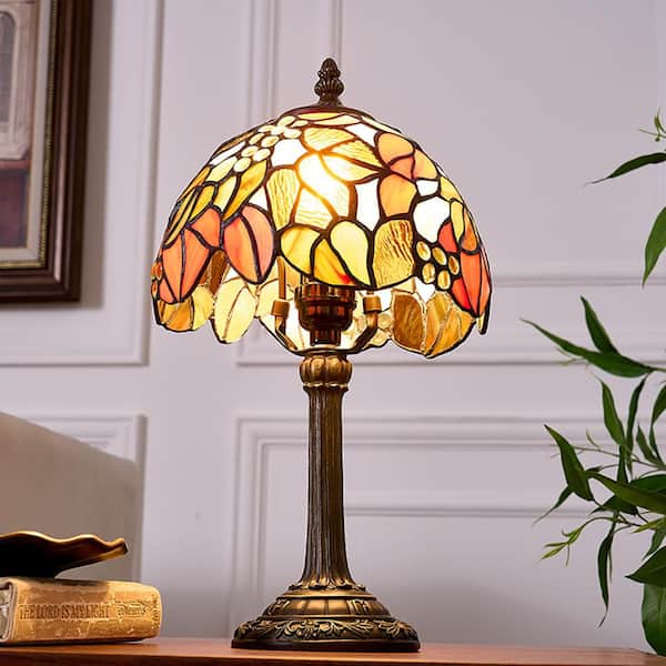 14 in. Multi-Colored Tiffany Style Bronze Finish Table Lamp with Maple Grapes Stained Glass Lamp Shade