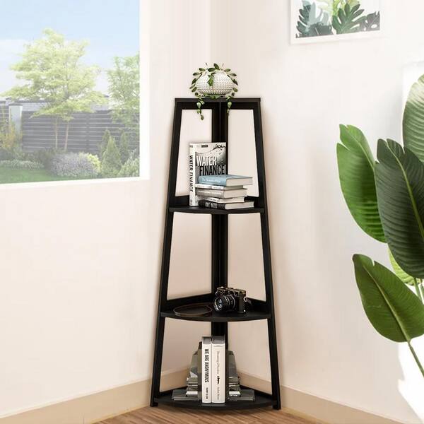 4-Tier Corner Shelf Stable Storage Rack Display Stand Wood Round Shelves  Black