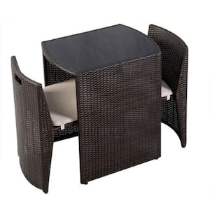3-Pieces Wicker Patio Cushioned Outdoor Chair and Table Set with Beige Cushion