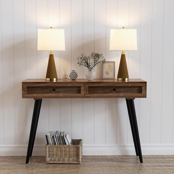 Salem 24.5 in. Brown Metal Table Lamp with White Shade and USB Port (2-Pack)