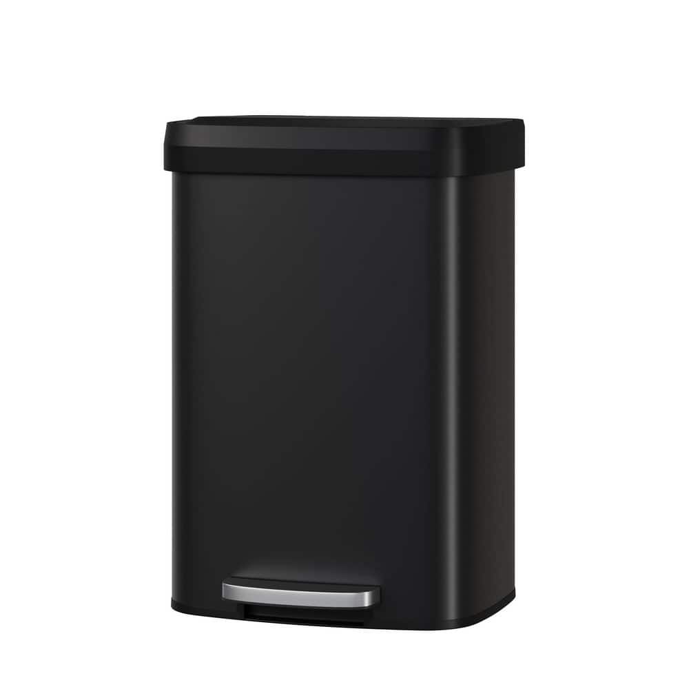 13 Gal. Black Metal Step-On Kitchen Trash Can with Liner Rim, Rear