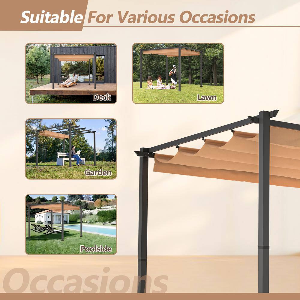 Khaki Aluminum Patio Pergola with Retractable Canopy