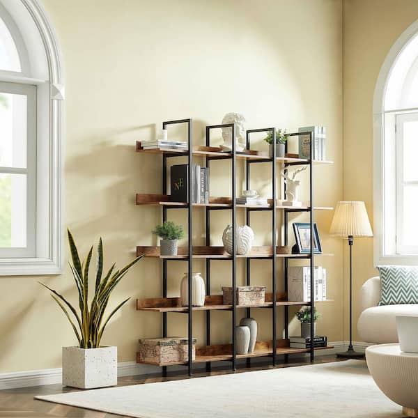 70.87 in. H Brown Vintage Industrial Style 5-Shelf Bookcase with Metal Frame and MDF Board