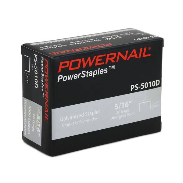 POWERNAIL 5000 Series 5/16 in. x 1/2 in. Crown x 20-Gauge Glue Collated  Div. Point Staples for Fastening (5000 per Box) PS5010D The Home Depot