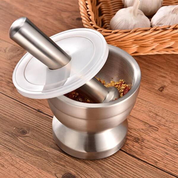Silver Stainless Steel Mortar and Pestle Set with Transparent Lid, Non-Slip Base for Grinding Spices Herbs and Pills
