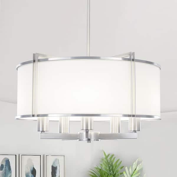ZSMIHDOH 5-Light Silver Modern Farmhouse Metal Fabric Drum Chandelier