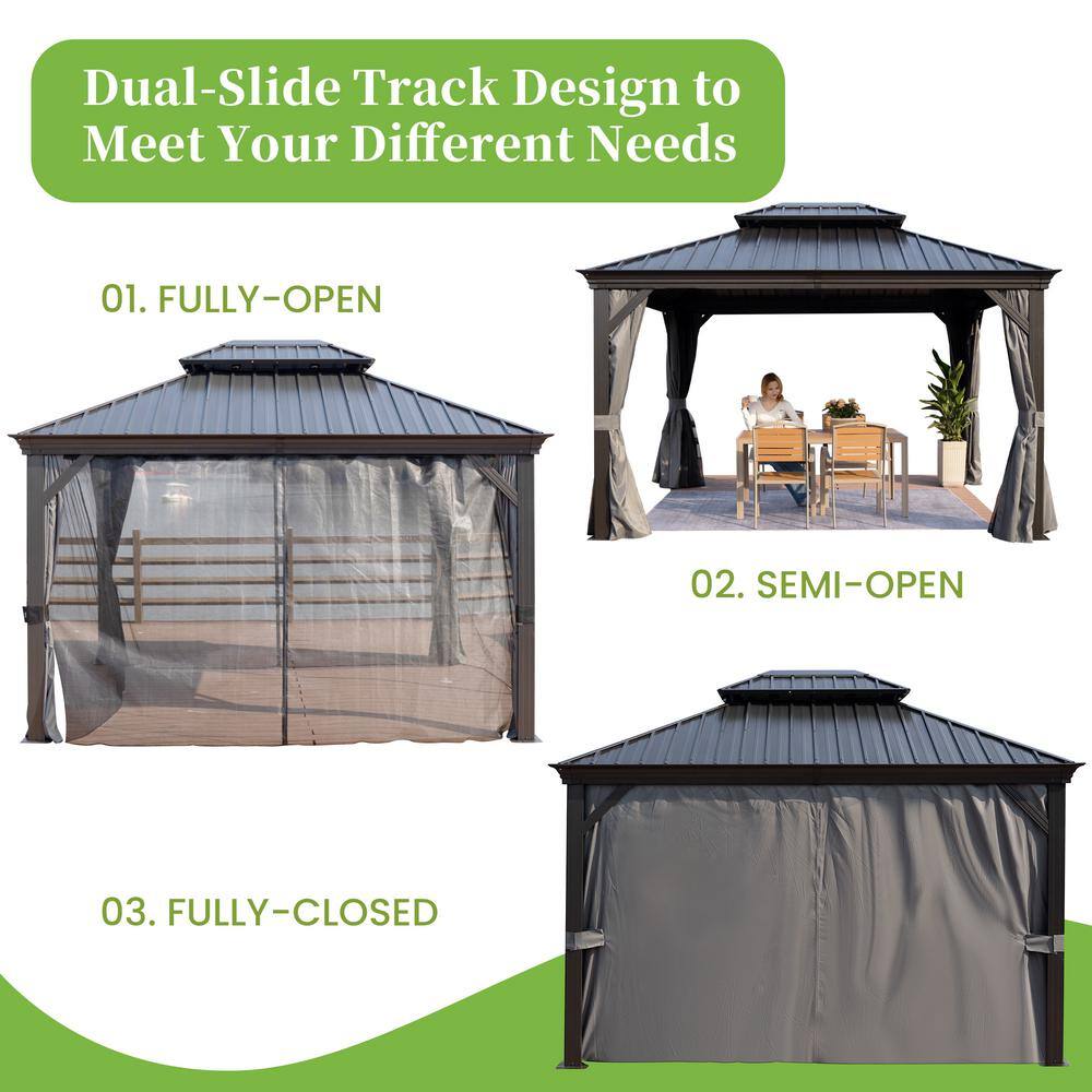 Gray Aluminum Hardtop Gazebo with Curtains and Netting, 12' x 16'
