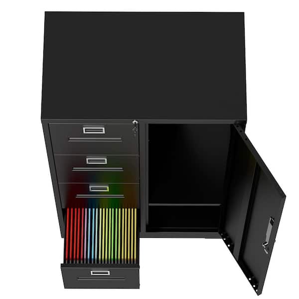 Corira Modern Black 52.3 in. Metal Accent Storage Cabinet with Doors and Drawers, Garage Tool Locking Cabinet