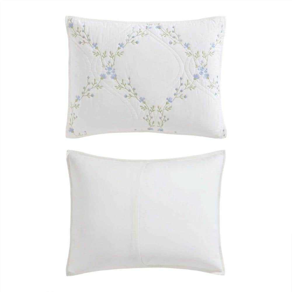 Blue Floral Embroidered Cotton Twin Quilt Set