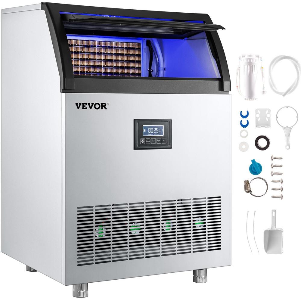 VEVOR 200 lb. / 24 HCommercial Stainless Steel Construction Freestanding Ice Maker Machine with 55 lb. Storage Bin in Silver