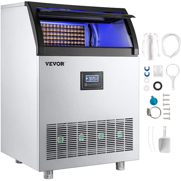 VEVOR 200 lb. / 24 HCommercial Stainless Steel Construction Freestanding Ice Maker Machine with 55 lb. Storage Bin in Silver