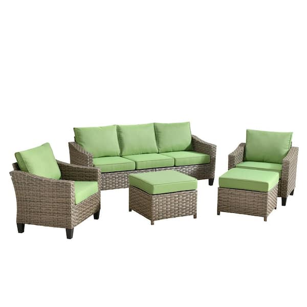 Bougainvillea 5 Pieces Wicker Outdoor Patio Conversation Seating Set with Green Cushions