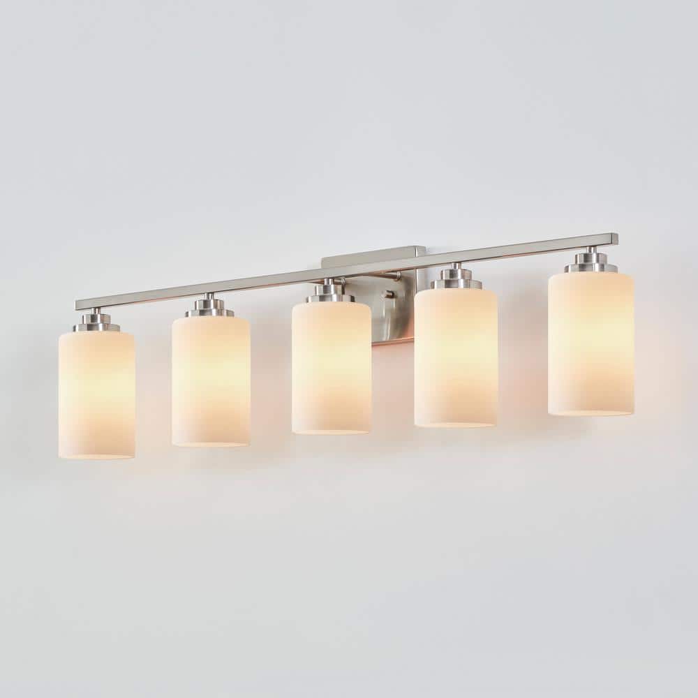 Brushed Nickel 5-Light Vanity Fixture with Frosted Glass Shades