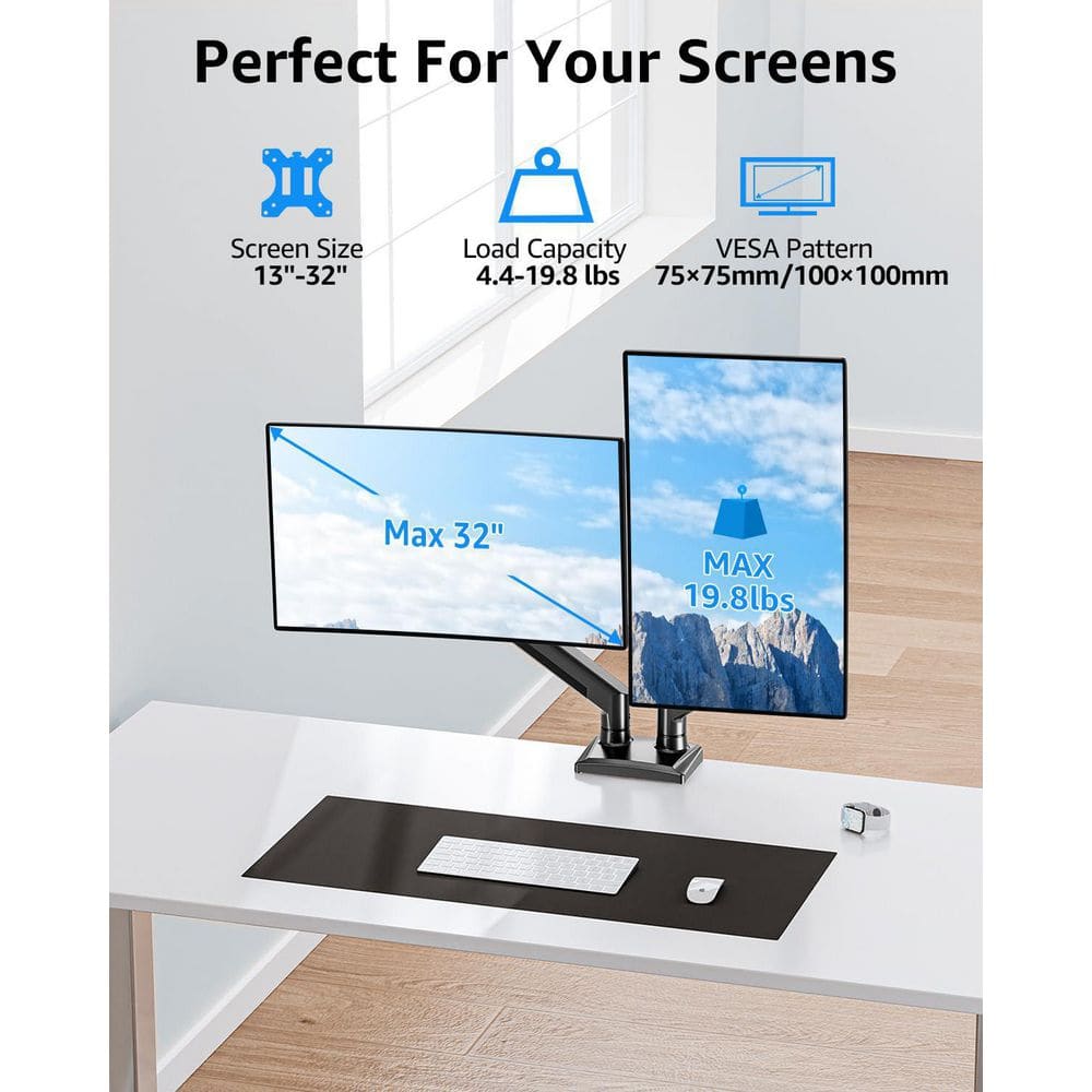 Freelift Dual Monitor Desk Mount Fits 13-32 Inch Screens Height Adjustable Arms VESA Gas Spring Black - Thumbnail 2