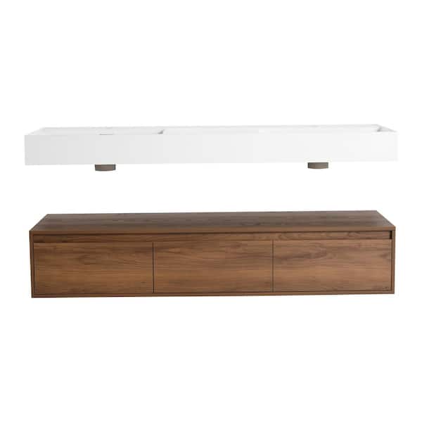 60 in. Wall-Mounted Double Brown Ebony Bath Vanity with White Resin Top Assembled
