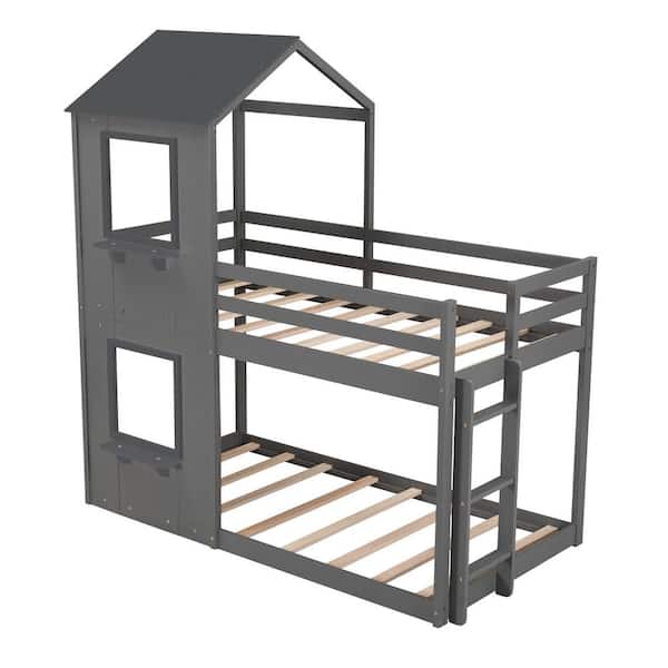 Donason Gray Twin Over Twin Bunk Bed Wood Bed with Roof, Window, Guardrail, Ladder