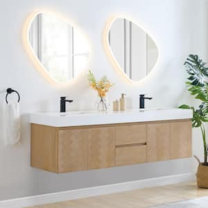 Siena 72 in. W Double Sink Floating Bath Vanity in Light Brown with White Stone Top and Mirror