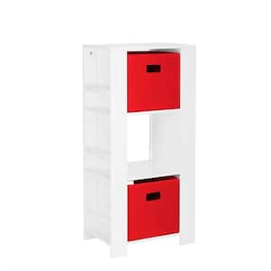 Kids White Cubby Storage Tower with Bookshelves with 2-Piece Red Bins