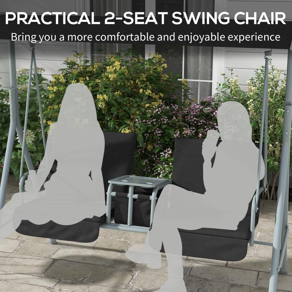Black Metal 2-Person Porch Swing with Canopy and Cushions