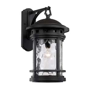 Boardwalk 20 in. 1-Light Black Outdoor Wall Light Fixture with Clear Water Glass