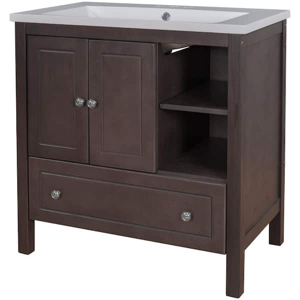 WELLFOR 30 in. W x 18 in. D x 32 in. H Wood Bath Vanity in Brown with White Ceramic Top
