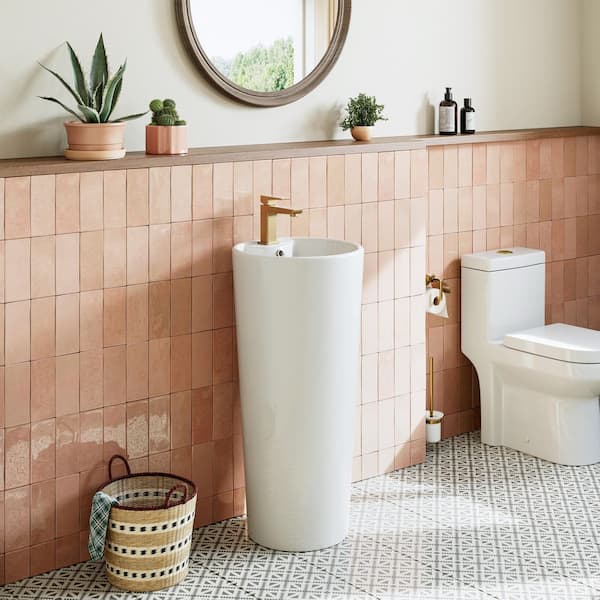 15.55 in. W x 15.55 in. D Circular Ceramic Bathroom Pedestal Sink in Glossy White with Single Faucet Hole and Overflow