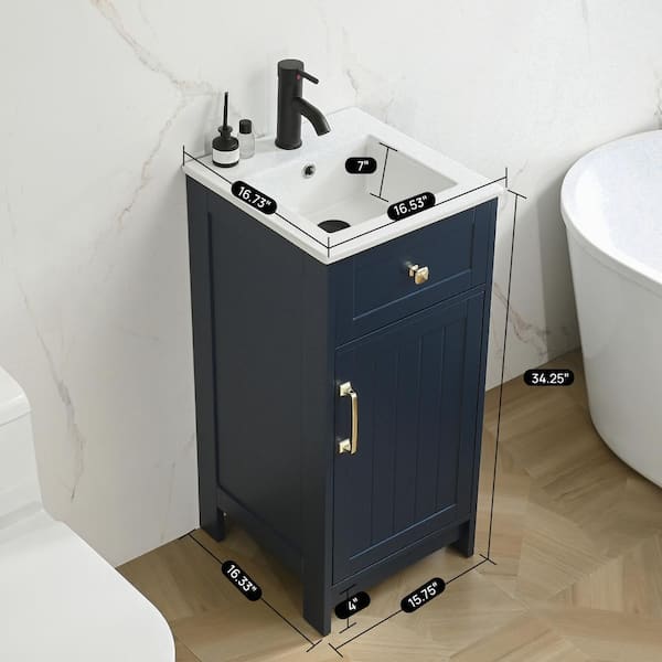 16 in. W Single Integral Sink Freestanding Bath Vanity in Navy Blue with White Ceramic Top