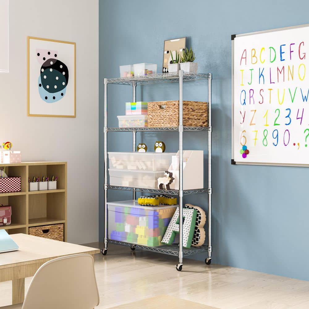 Adjustable Silver Steel Wire Shelving Unit with Wheels