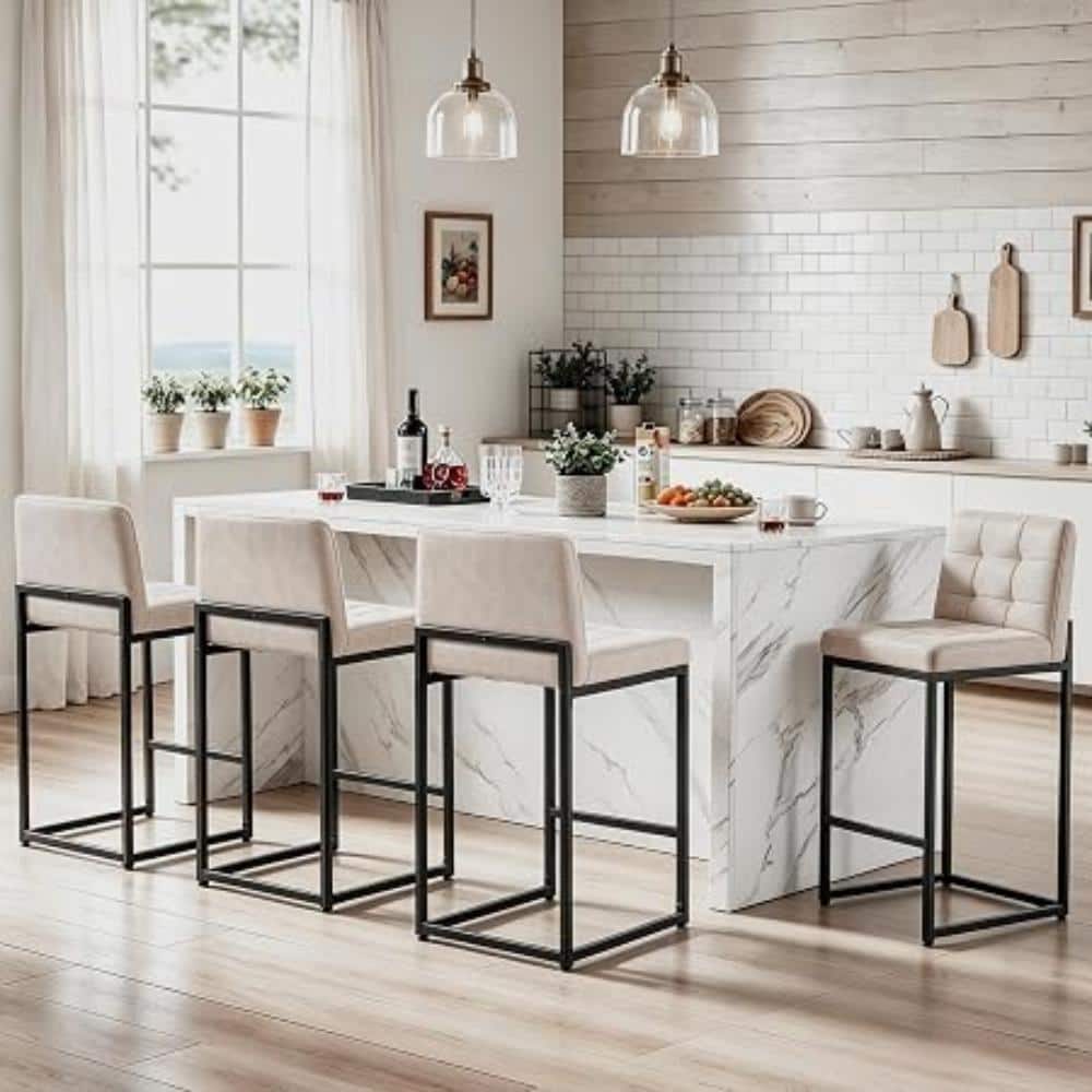 4PCS Beige Counter Height Bar Stools, Thick Faux Leather Stools with Back Footrest, Sturdy Metal Legs Kitchen Island price history on PriceWatchPro
