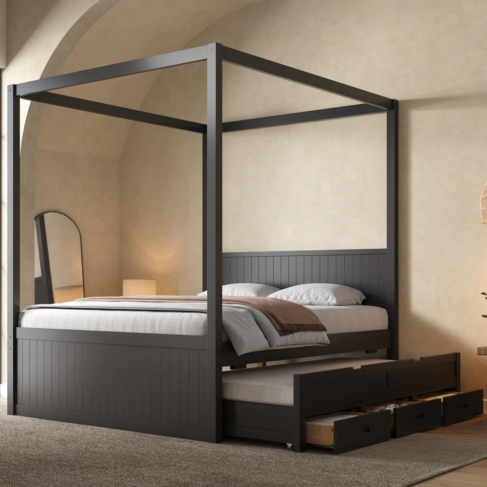 Modern Farmhouse Black Wood Frame Full Canopy Bed with Twin Trundle and 3 Storage Drawers price history on PriceWatchPro