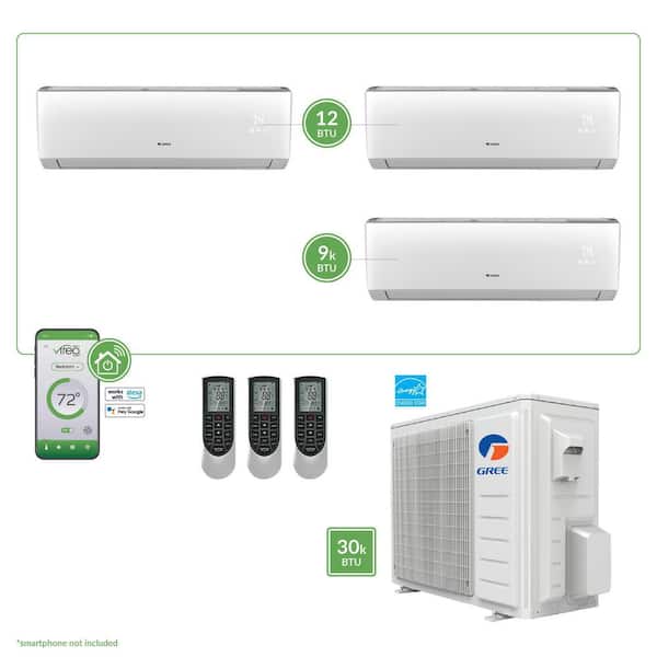 GREE Gen3 Smart Home Triple-Zone 28,400 BTU 2.5 Ton Ductless Mini Split Air Conditioner with Heat, Inverter, Remote - 230V