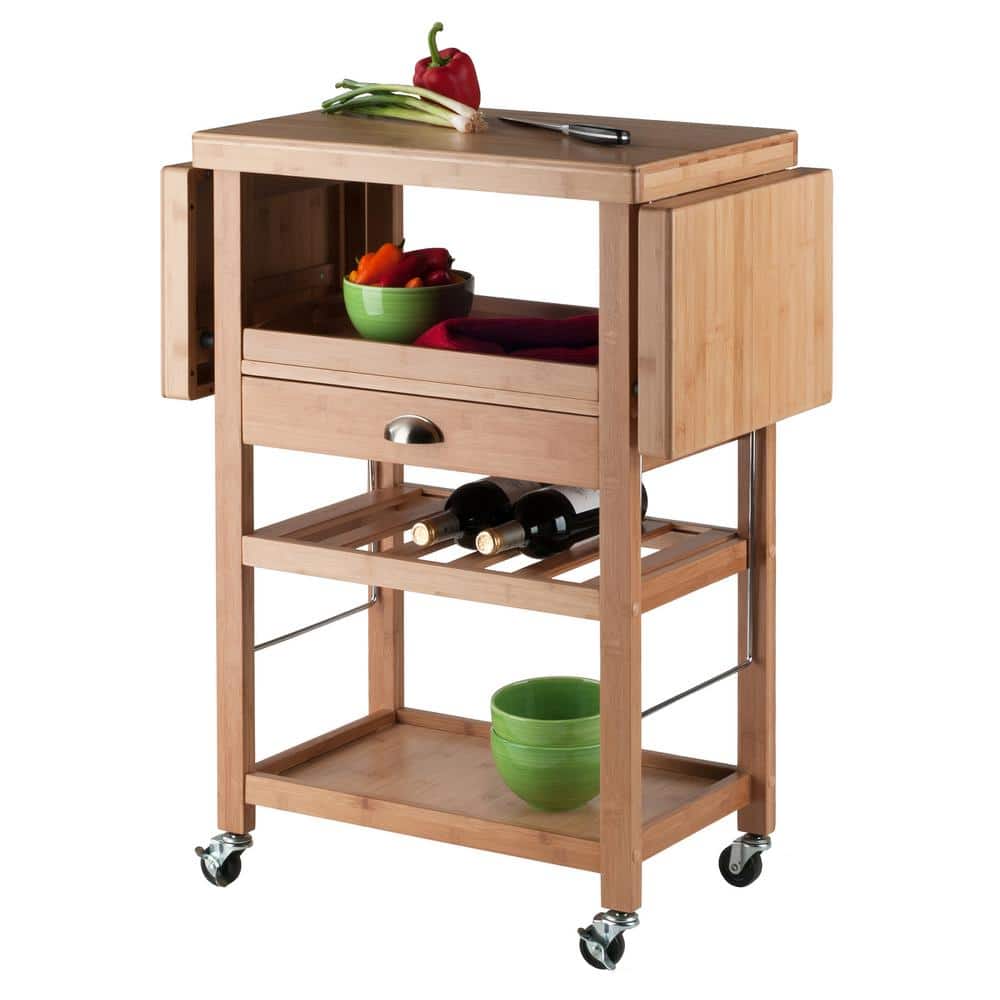 Natural Bamboo Drop Leaf Kitchen Cart with Wine Rack