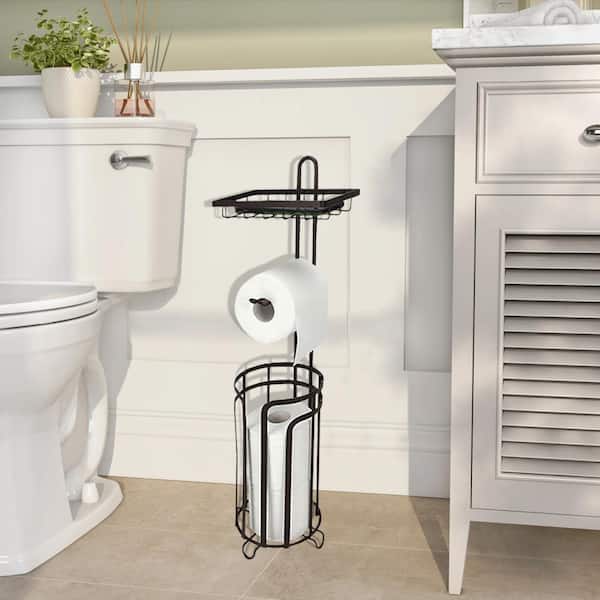 Toilet Paper Holder Stand Bathroom Toilet Paper Storage Tissue Roll Paper Reserve Holder for 3 Spare Mega Rolls-Black