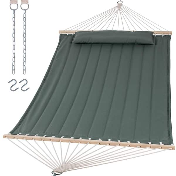 Angel Sar 475 lb. Capacity Extra Large Outdoor Portable Double Hammock with Hardwood Spreader Bar for Camping, Gray Green