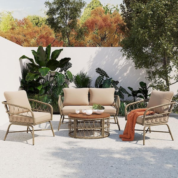 Unbranded Bohemia-inspired 4-Person Outdoor Wicker Conversation Patio Set with Tan Removable Cushions, Wood Tabletop