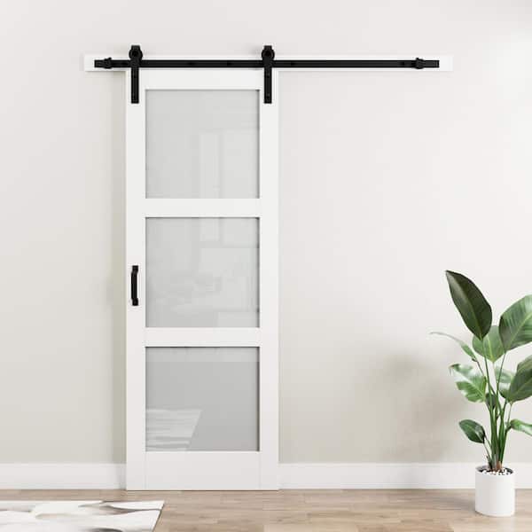 30 in. x 84 in. 3 Lite Tempered Frosted Glass White Finished Composite MDF Sliding Barn Door Slab with Hardware Kit