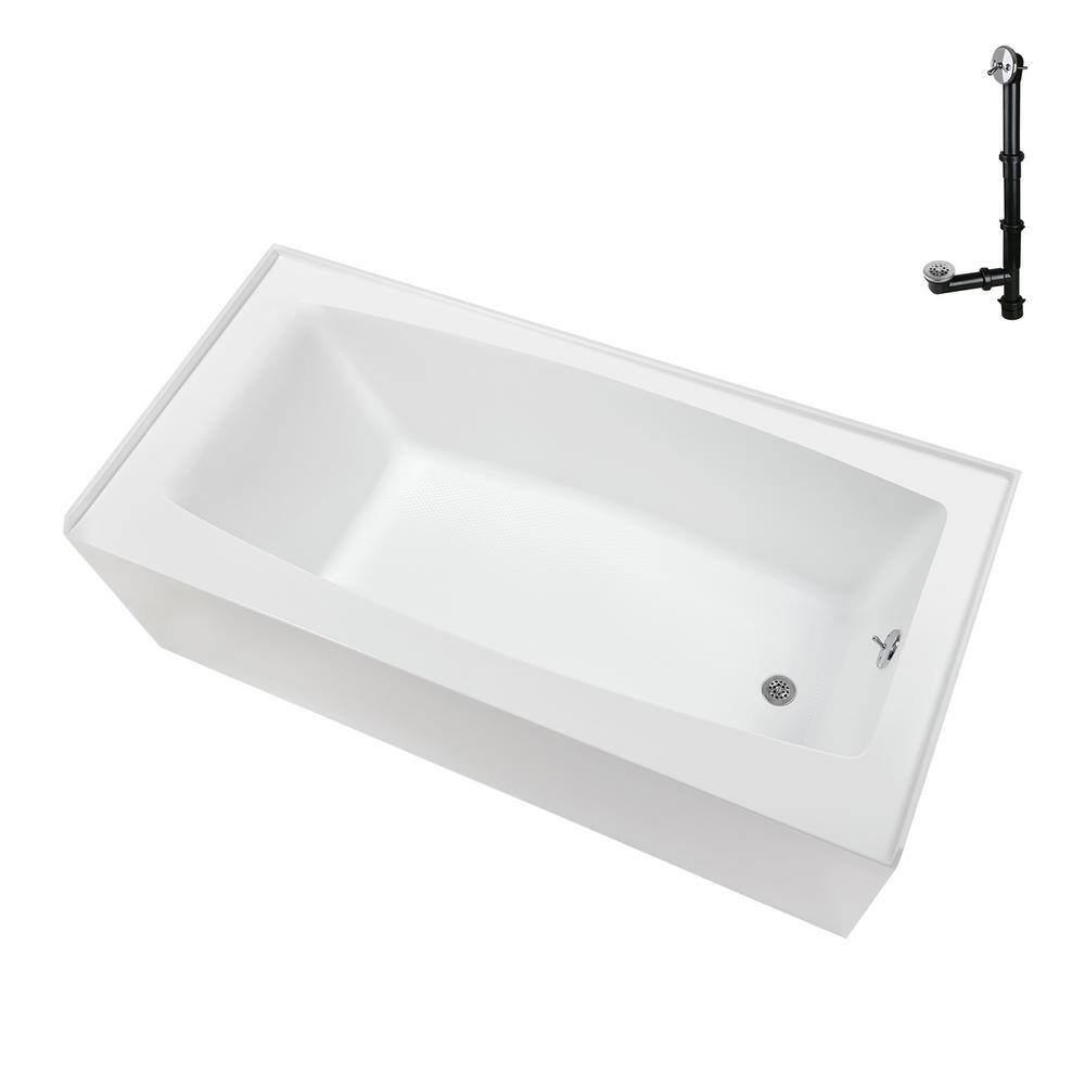 Glossy White Acrylic Right-Hand Drain Alcove Bathtub with Polished Chrome External Drain