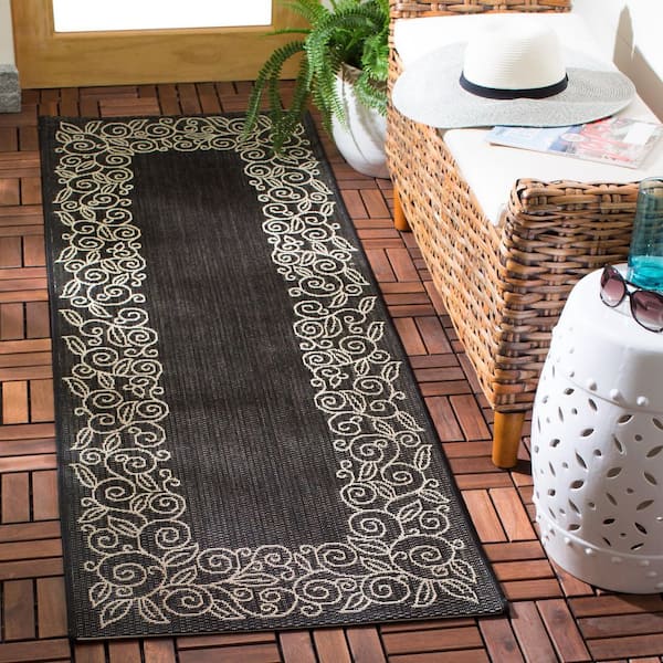 Courtyard Black/Beige 3 ft. x 8 ft. Floral Indoor/Outdoor Patio  Runner Rug