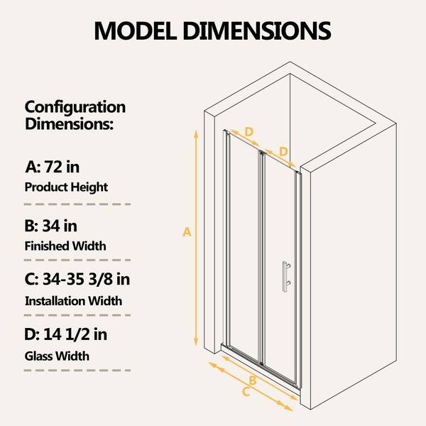 Zeafive 34 to 35-1/2 in. W x 72 in. H Frameless Bifold Shower Door Swing Pivot Small Alcove Shower Door in Chrome Clear Glass