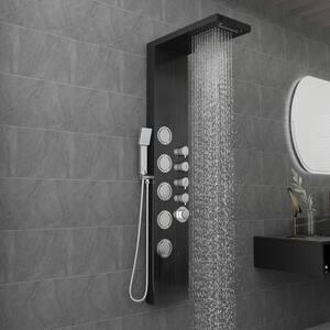 6-Spray, 5 Body Jets Stainless Steel Shower Tower with Rainfall Waterfall Shower Head, Hand Shower in Black, Valve