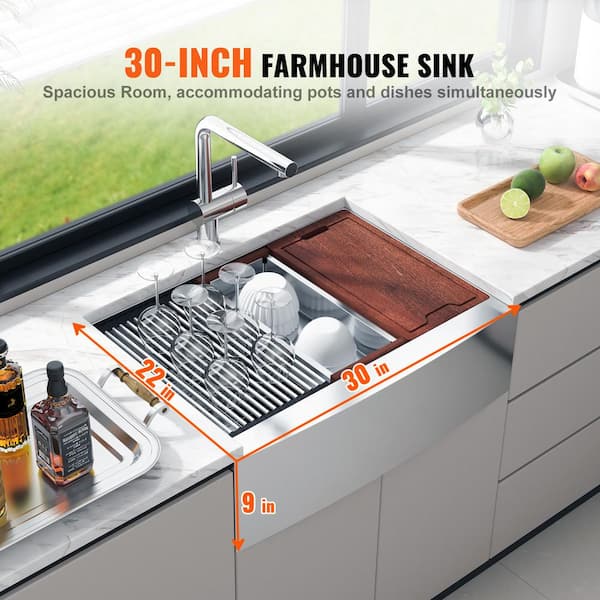 36 in. Farmhouse Kitchen Sink, Top Mount Single Bowl Basin, 304 Stainless Steel Drop-In Sink with Ledge and Accessories