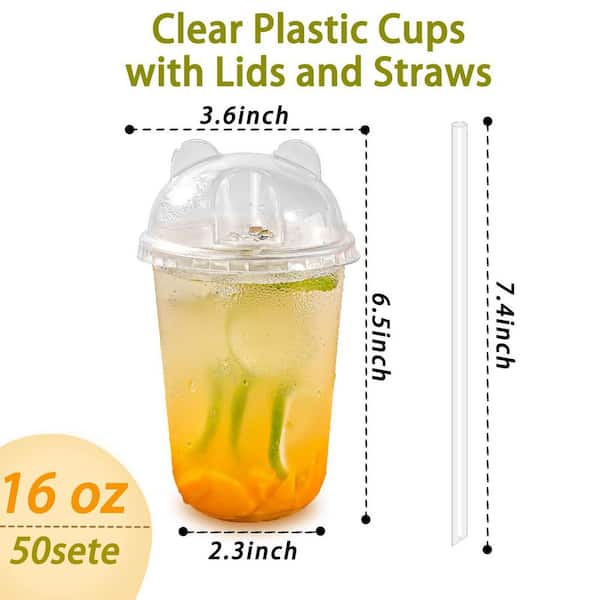 Numhew 50 Sets 16 oz. Disposable Plastic Cups with Dome Lids & Straws for Milkshakes, Juice, Beverages, Holiday Party, Outdoor