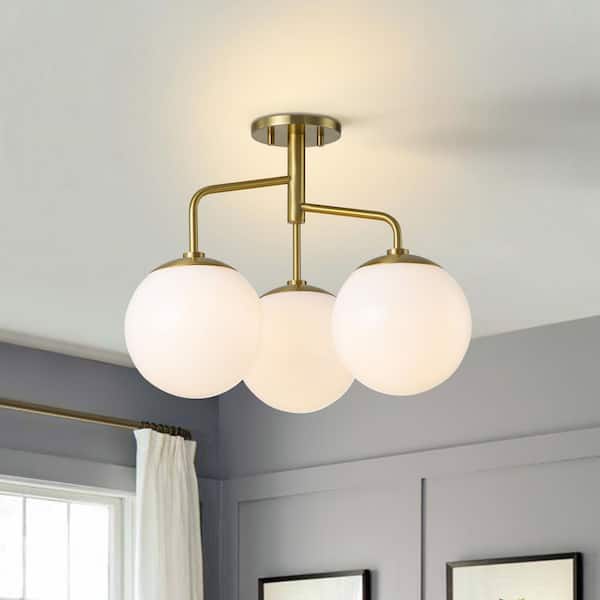 EDISLIVE Logan 18.11 in. 3-Light Gold Semi Flush Mount Ceiling Light with Frosted Glass Globe Shades