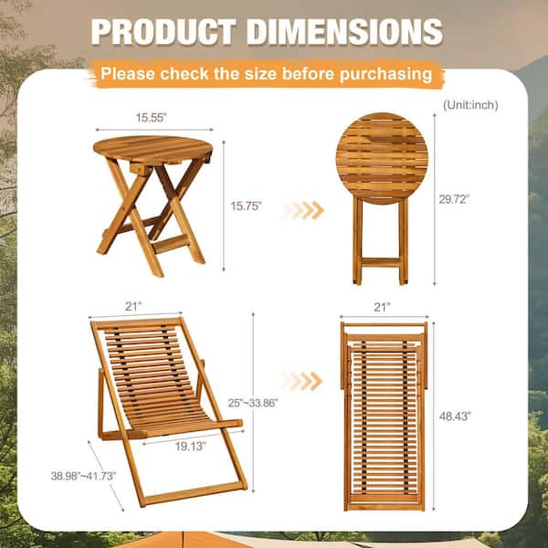 Tozey 3-Pieces Acacia Wood Outdoor Bistro Set with Folding Chaise